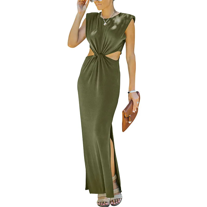 Lyla Side Cutout Padded Shoulder Maxi Dresses