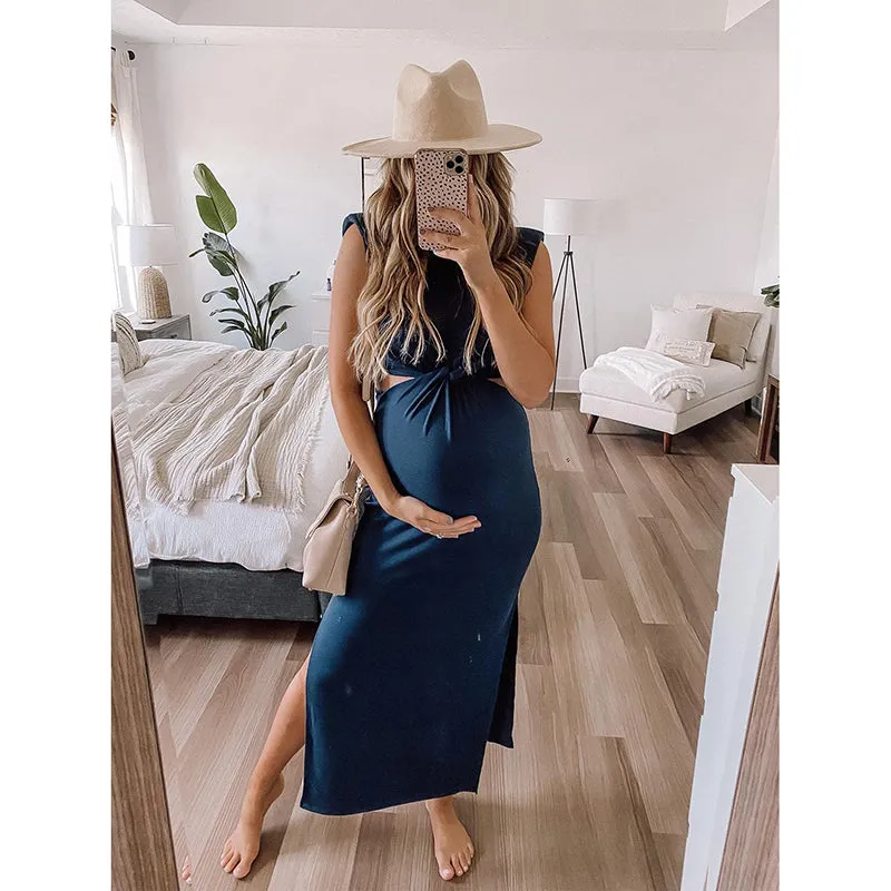 Lyla Side Cutout Padded Shoulder Maxi Dresses