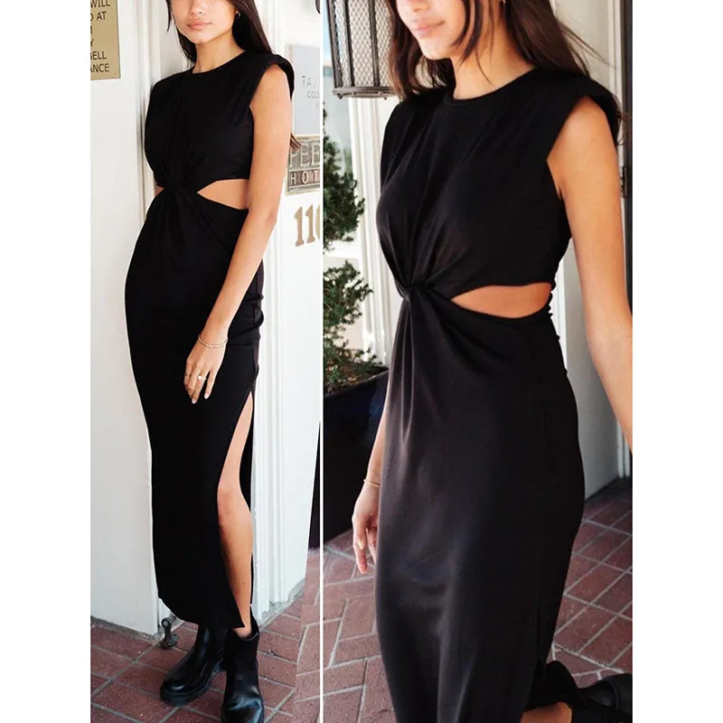 Lyla Side Cutout Padded Shoulder Maxi Dresses