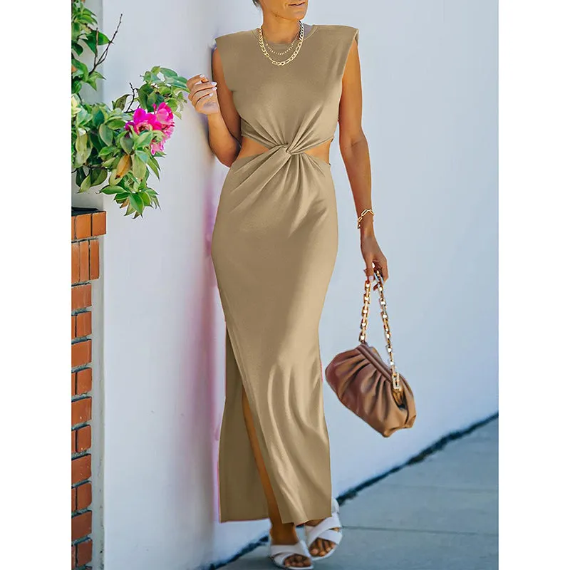 Lyla Side Cutout Padded Shoulder Maxi Dresses