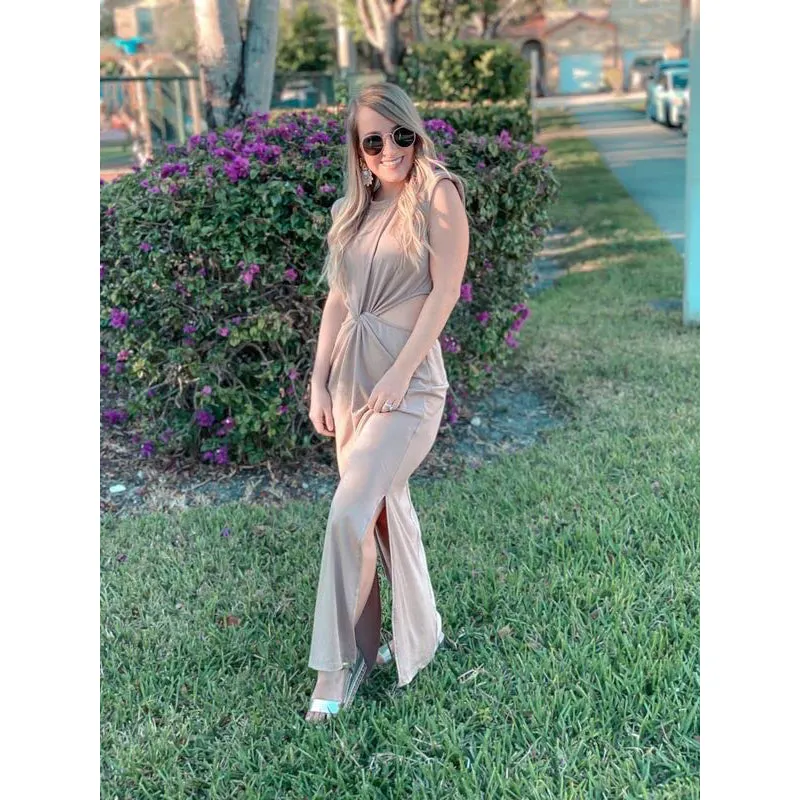 Lyla Side Cutout Padded Shoulder Maxi Dresses