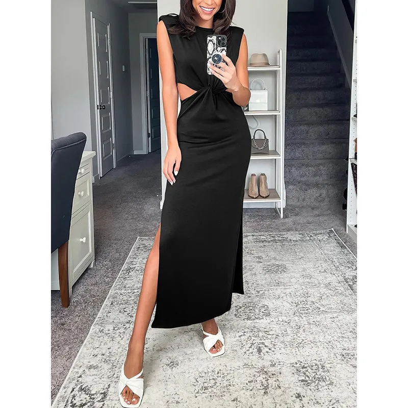 Lyla Side Cutout Padded Shoulder Maxi Dresses