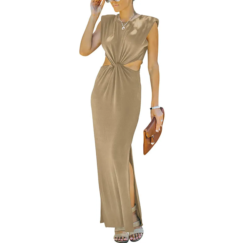 Lyla Side Cutout Padded Shoulder Maxi Dresses