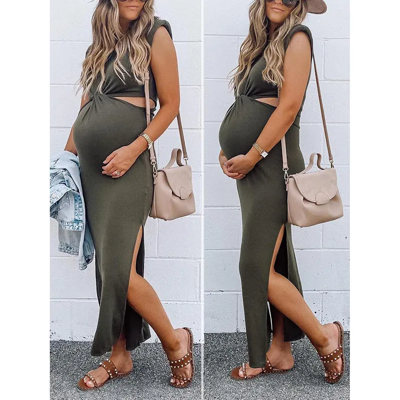 Lyla Side Cutout Padded Shoulder Maxi Dresses