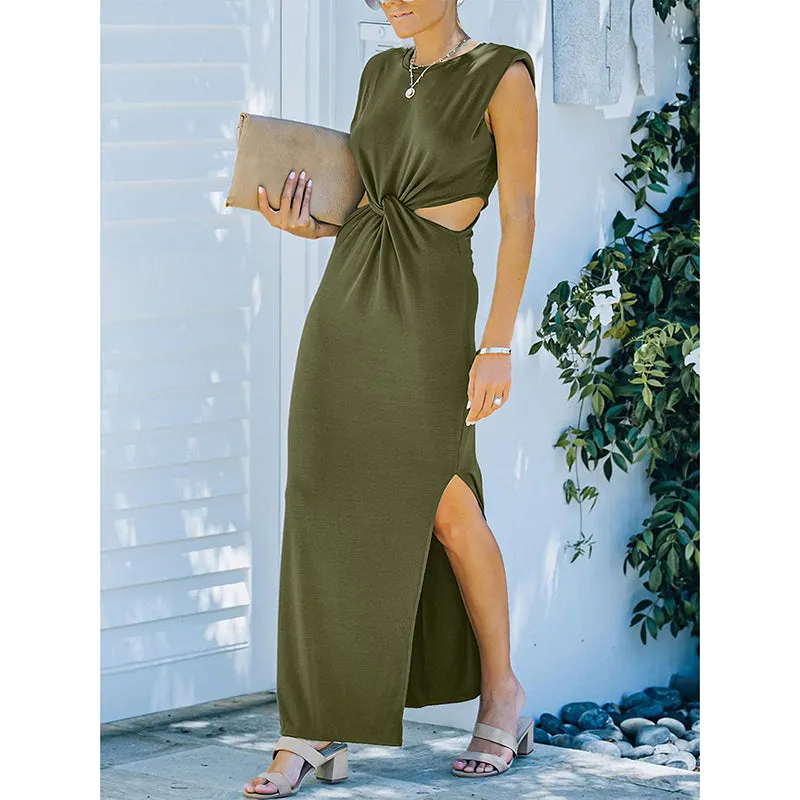 Lyla Side Cutout Padded Shoulder Maxi Dresses