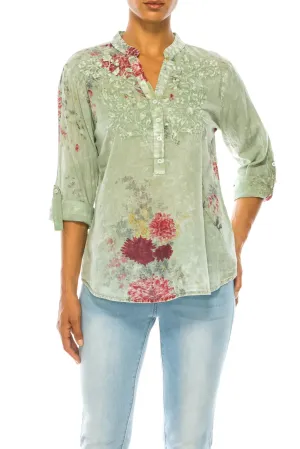 Magazine Clothing Vintage Light Green Basil Floral Printed Tunic with Embroidery