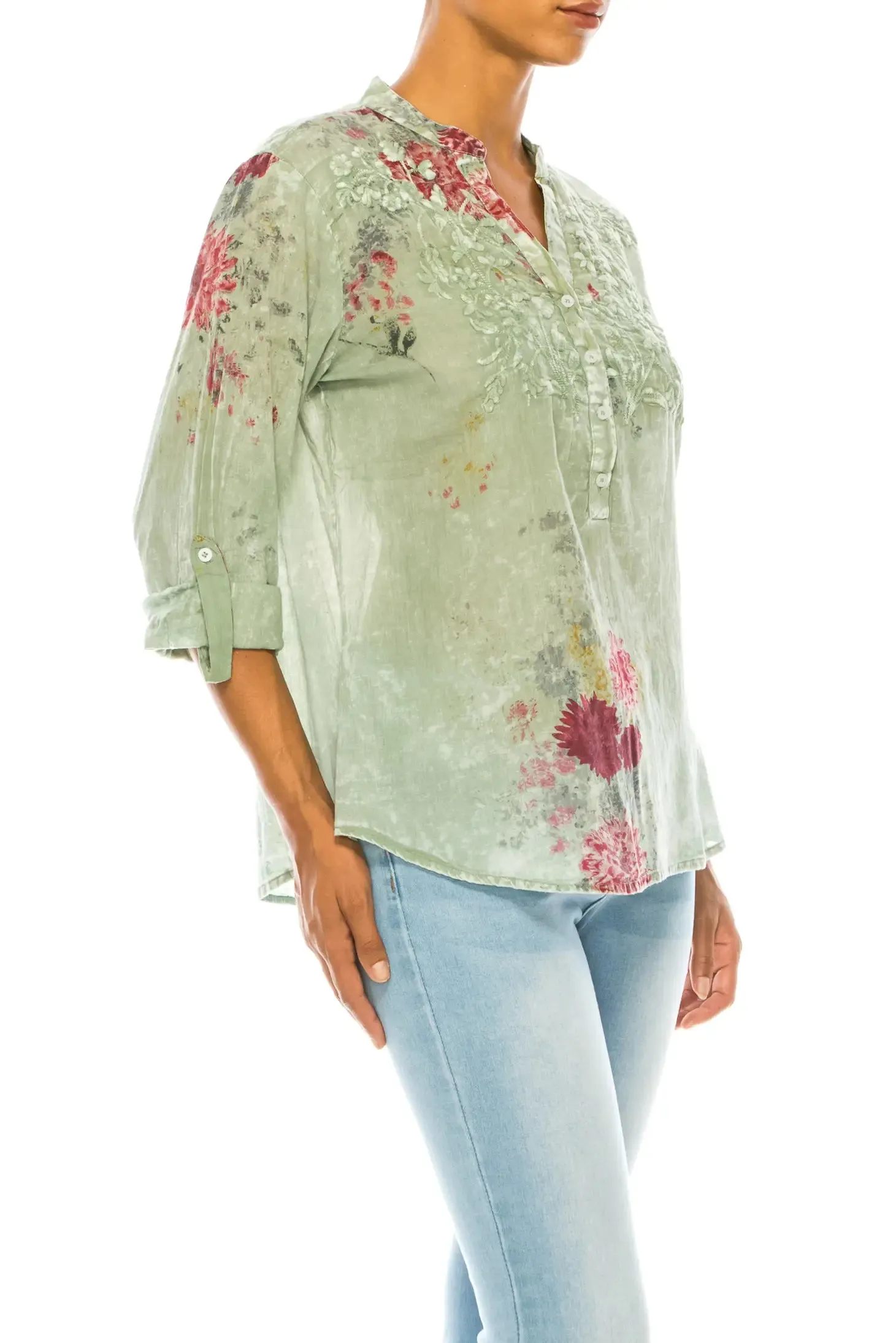 Magazine Clothing Vintage Light Green Basil Floral Printed Tunic with Embroidery