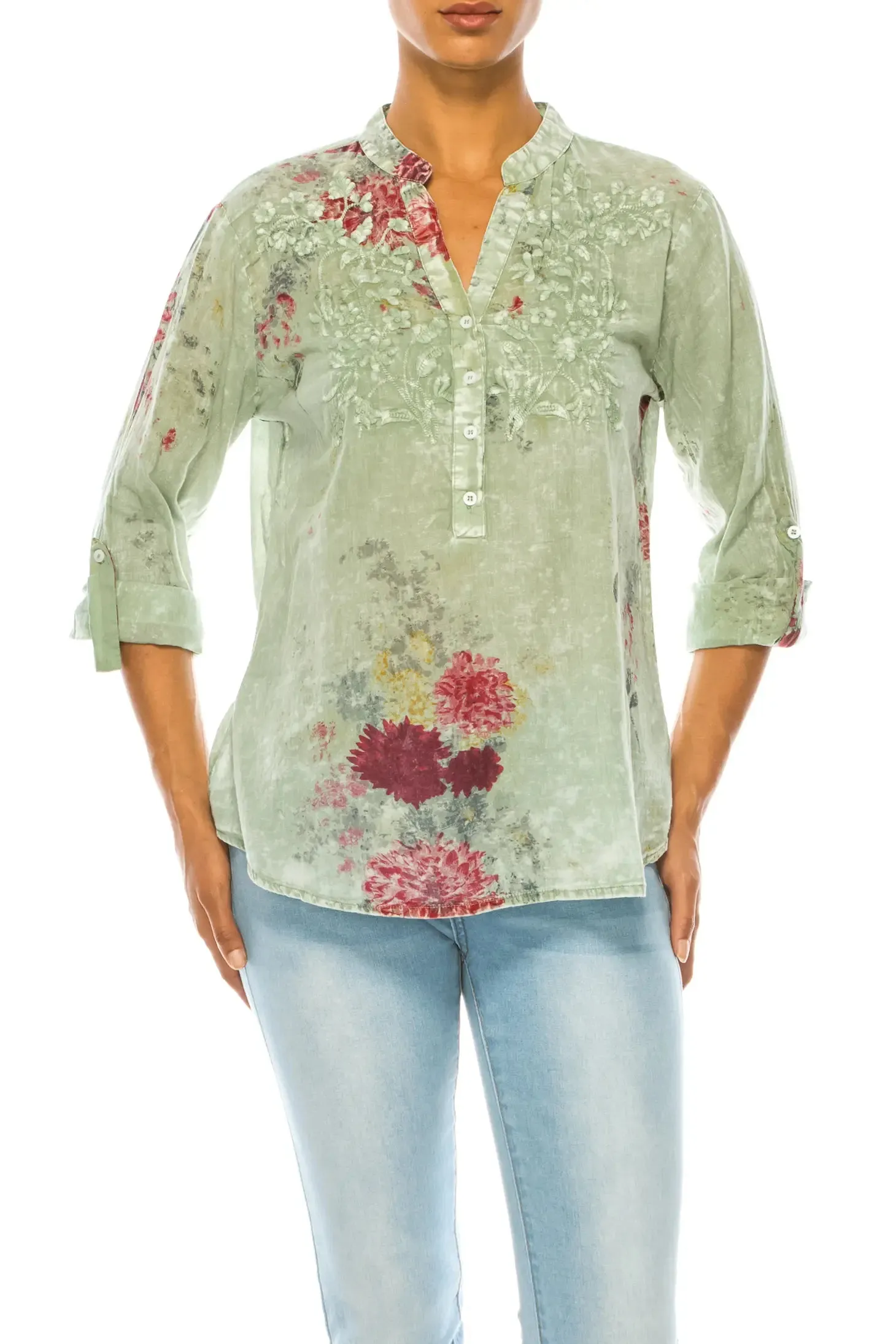 Magazine Clothing Vintage Light Green Basil Floral Printed Tunic with Embroidery