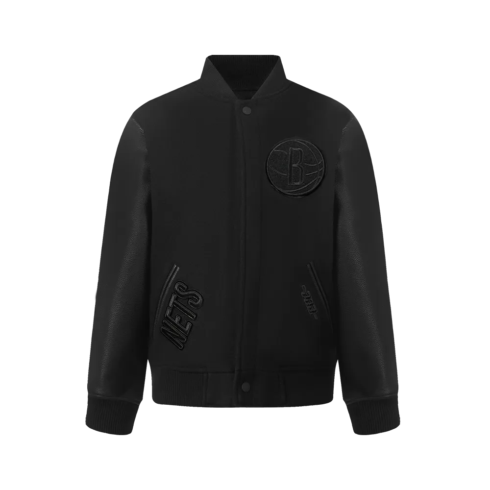 NBA BROOKLYN NETS TRIPLE BLACK BIG BOYS WOOL VARSITY JACKET (JET BLACK)