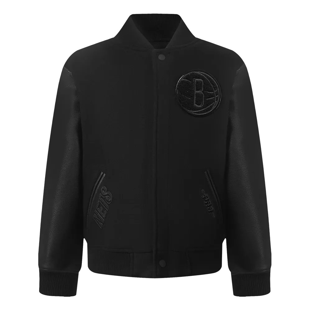 NBA BROOKLYN NETS TRIPLE BLACK TODDLER BOYS WOOL VARSITY JACKET (JET BLACK)