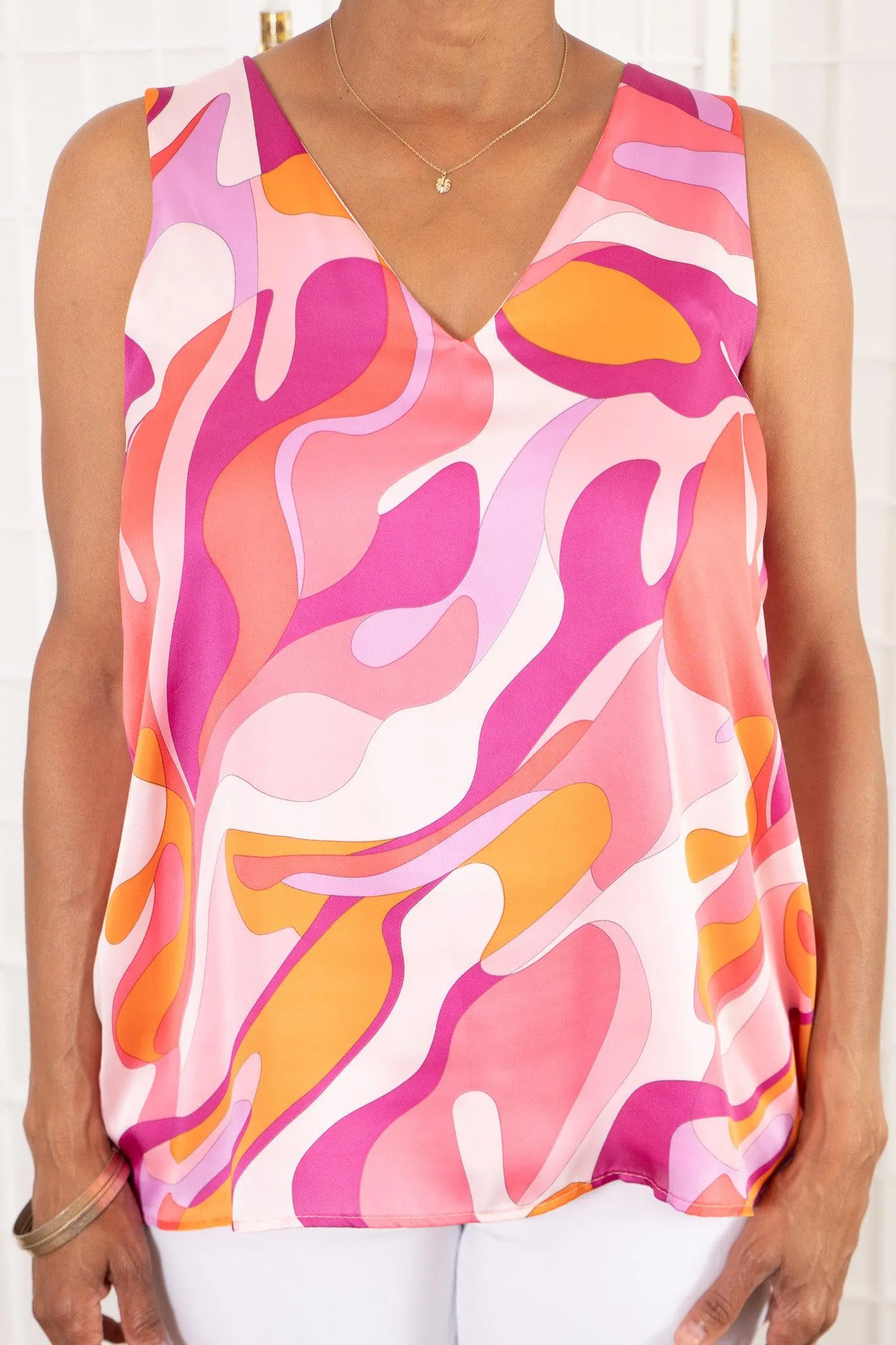 Peach Abstract Printed V Neck Pleat Detail Cami Halter Tank Top