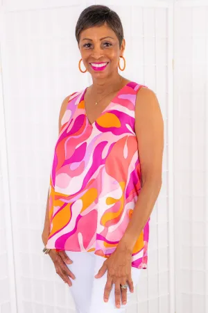 Peach Abstract Printed V Neck Pleat Detail Cami Halter Tank Top