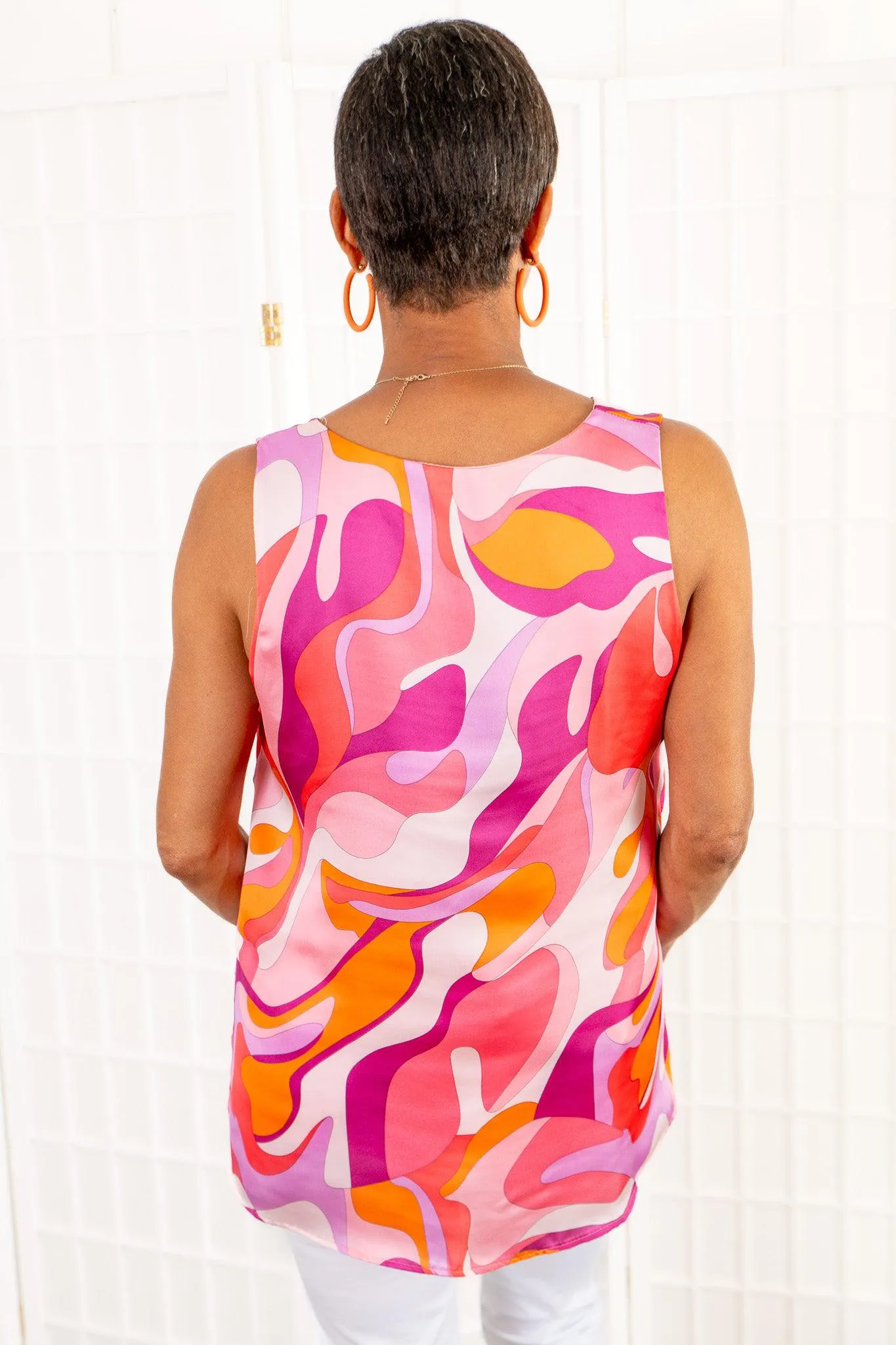 Peach Abstract Printed V Neck Pleat Detail Cami Halter Tank Top