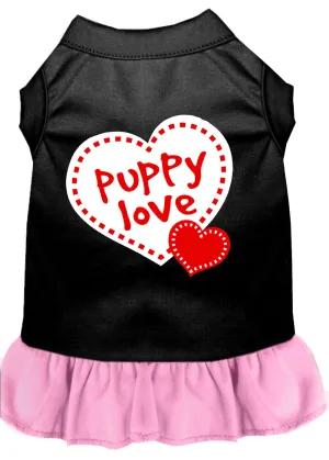 Puppy Love Screen Print Dog Dress Black With Light Pink Lg