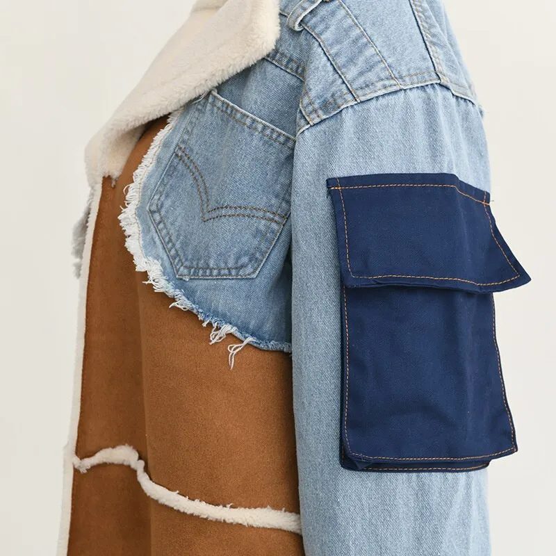 Shearling/Denim Long Coat