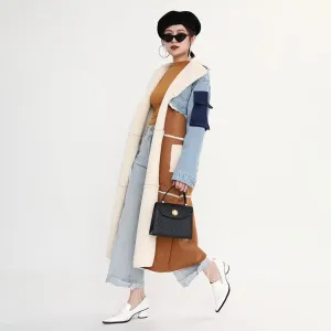 Shearling/Denim Long Coat
