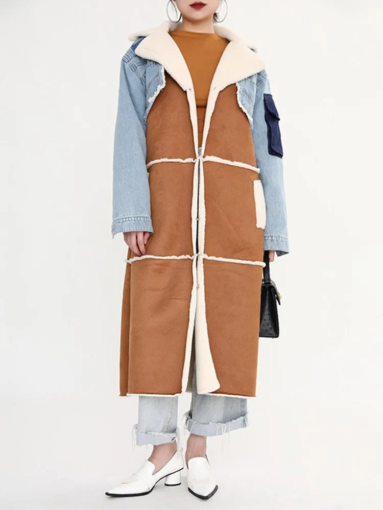 Shearling/Denim Long Coat
