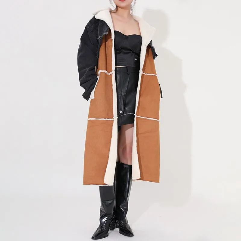 Shearling/Denim Long Coat