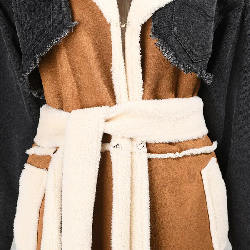 Shearling/Denim Long Coat