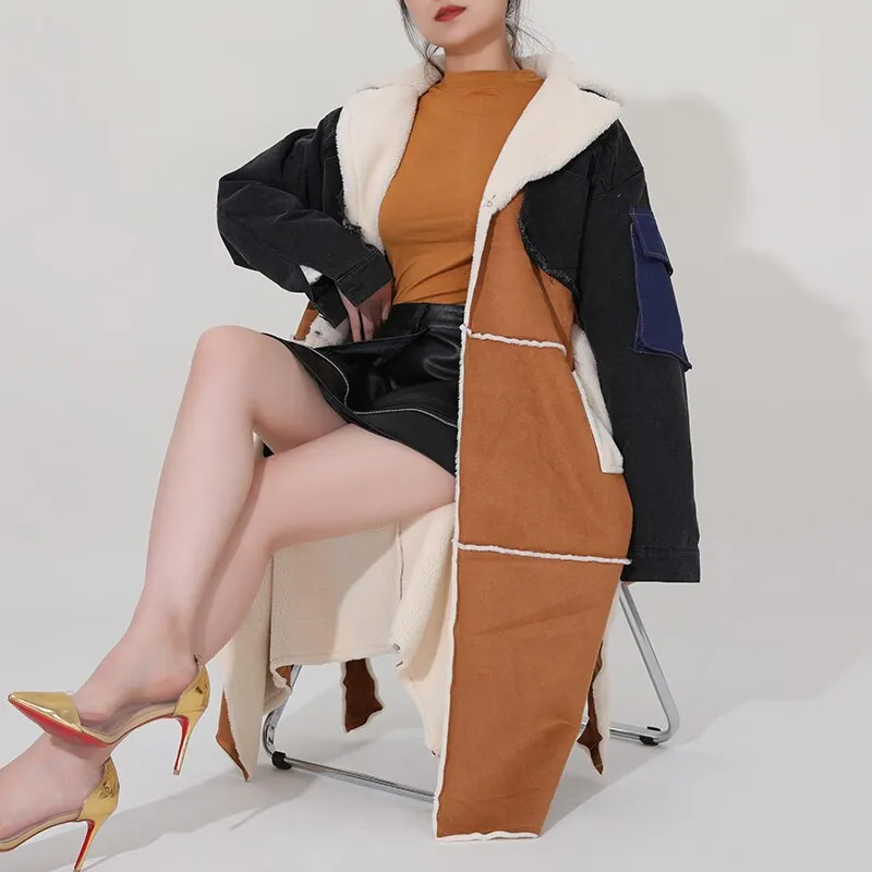 Shearling/Denim Long Coat