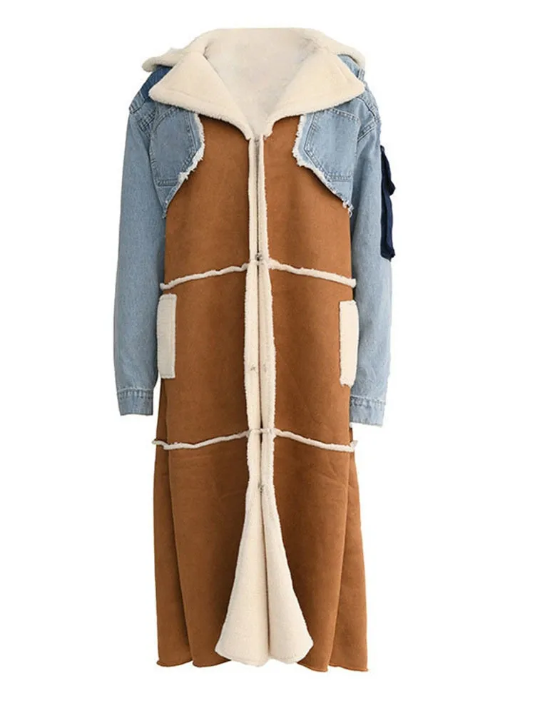 Shearling/Denim Long Coat