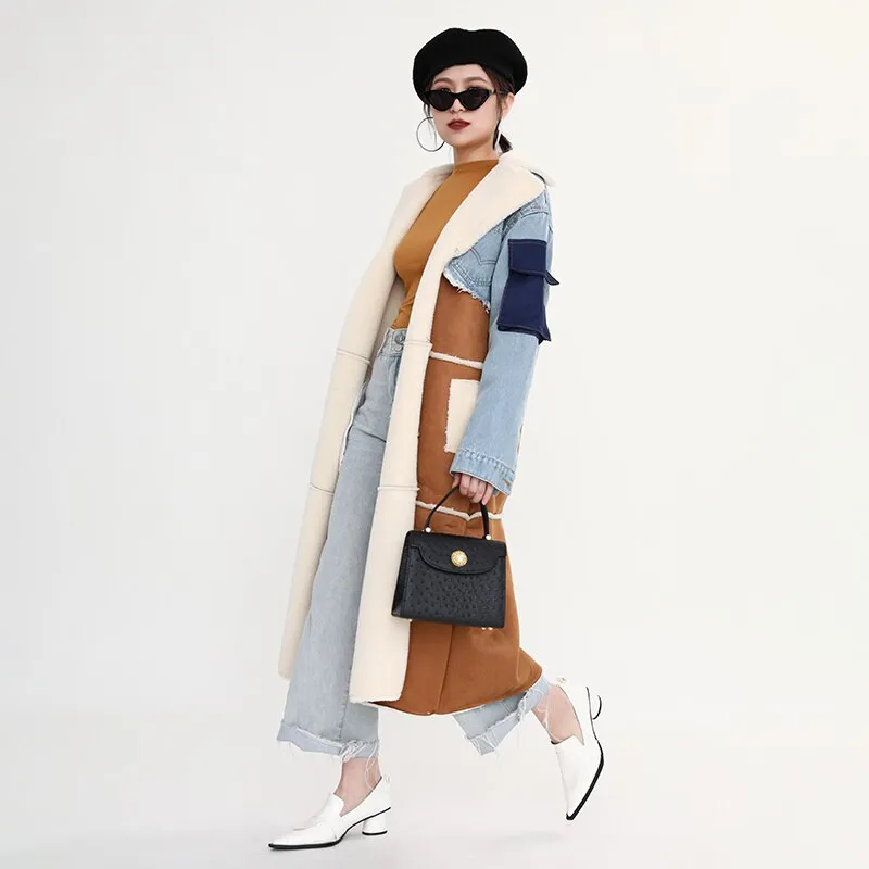 Shearling/Denim Long Coat