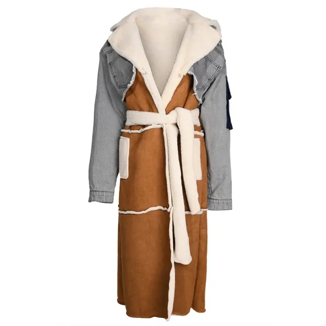 Shearling/Denim Long Coat