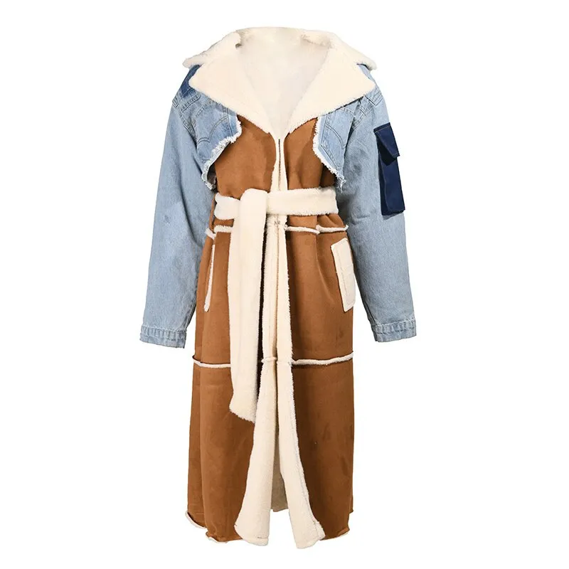 Shearling/Denim Long Coat