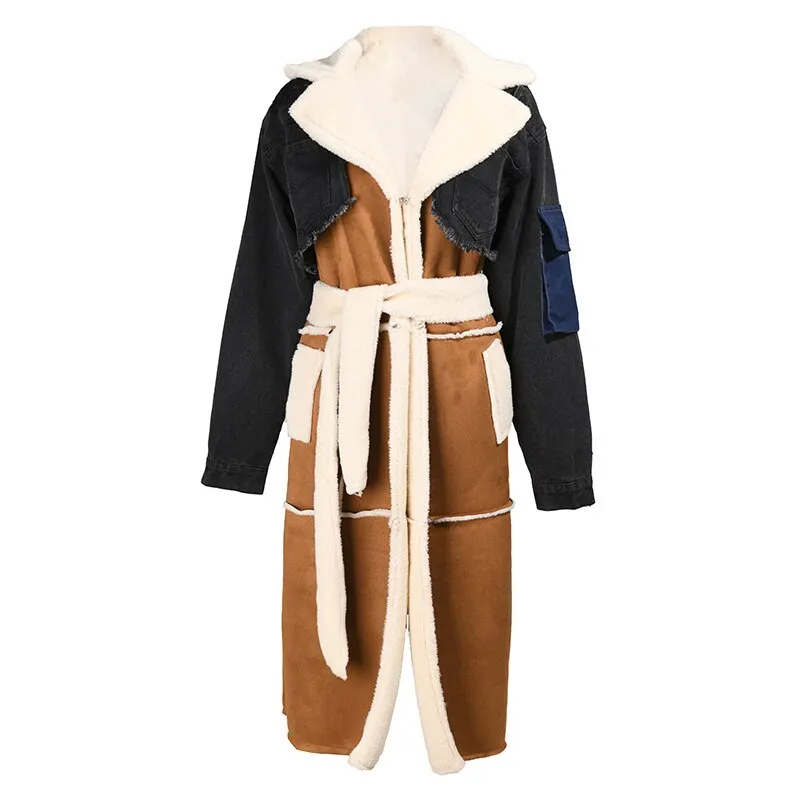 Shearling/Denim Long Coat