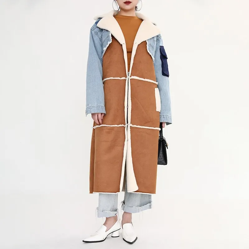 Shearling/Denim Long Coat