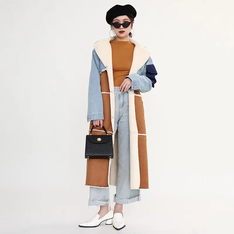 Shearling/Denim Long Coat