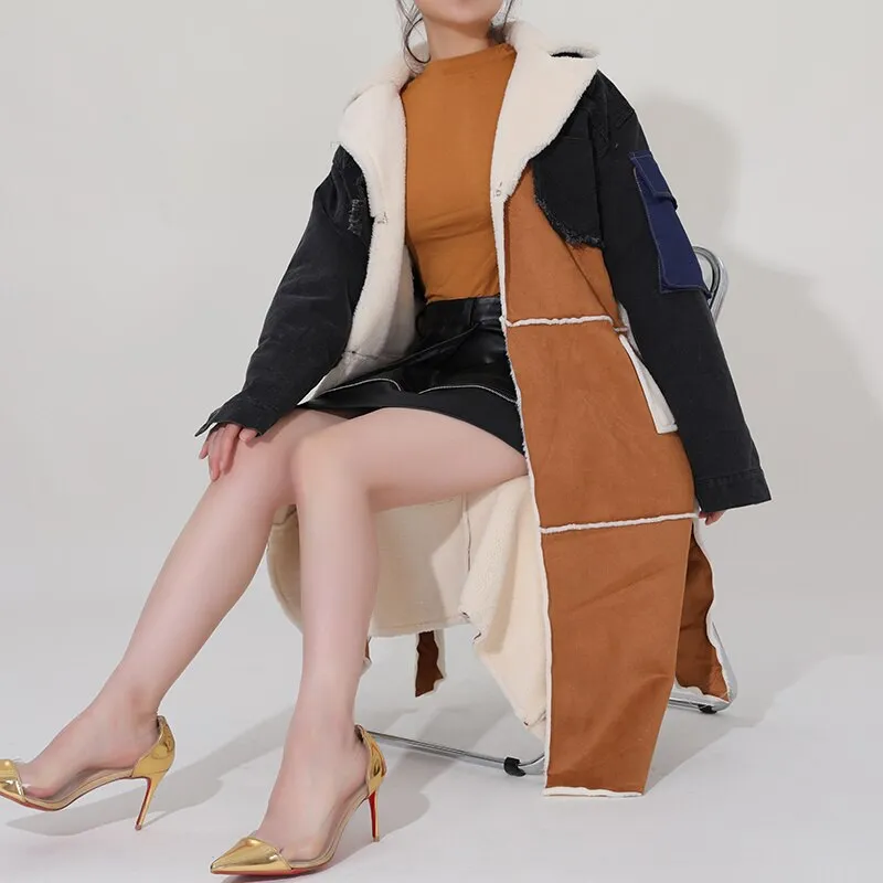Shearling/Denim Long Coat