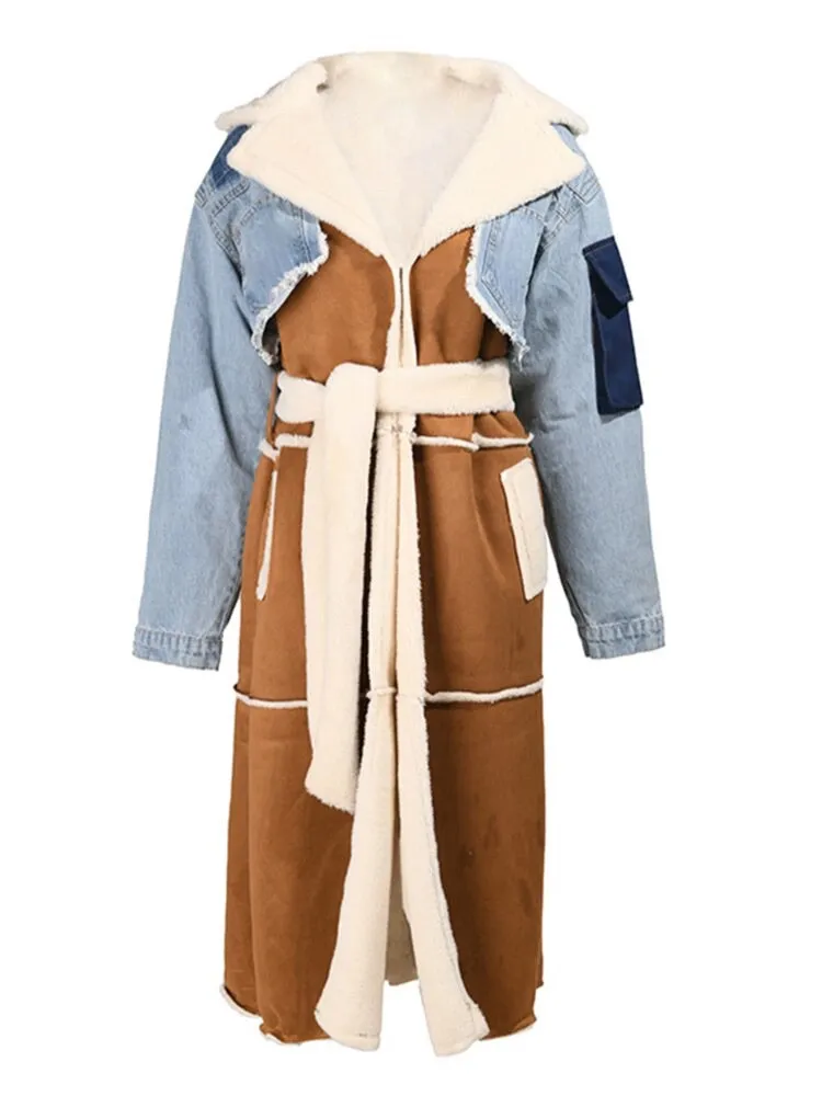 Shearling/Denim Long Coat