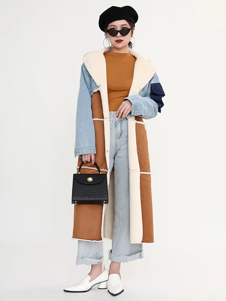 Shearling/Denim Long Coat
