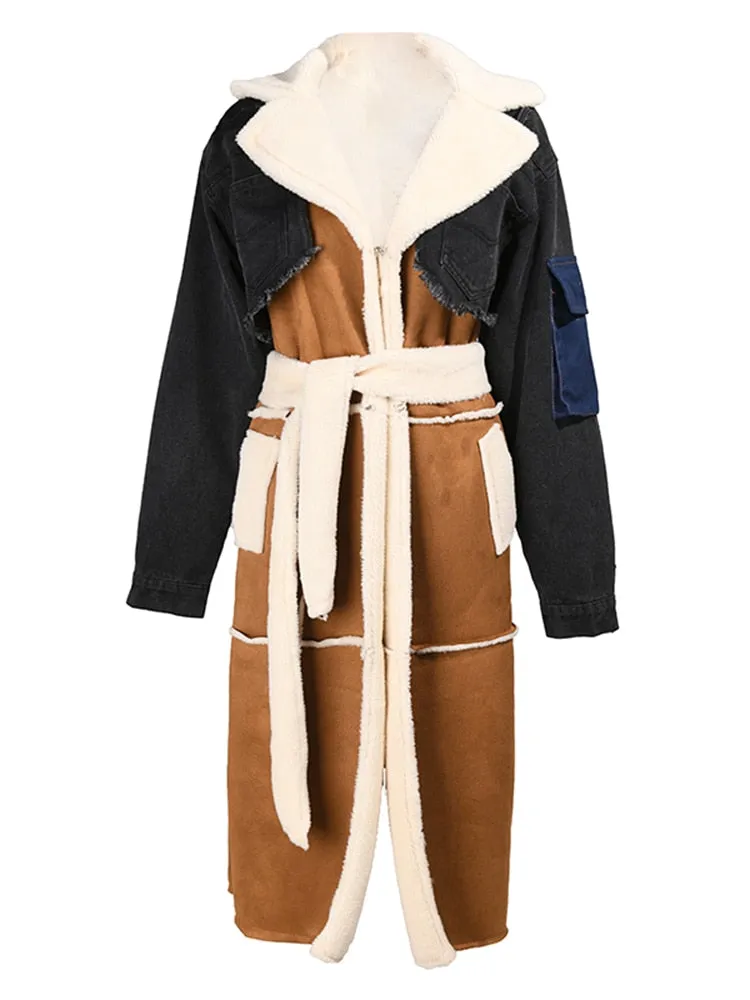 Shearling/Denim Long Coat