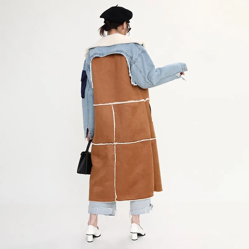 Shearling/Denim Long Coat