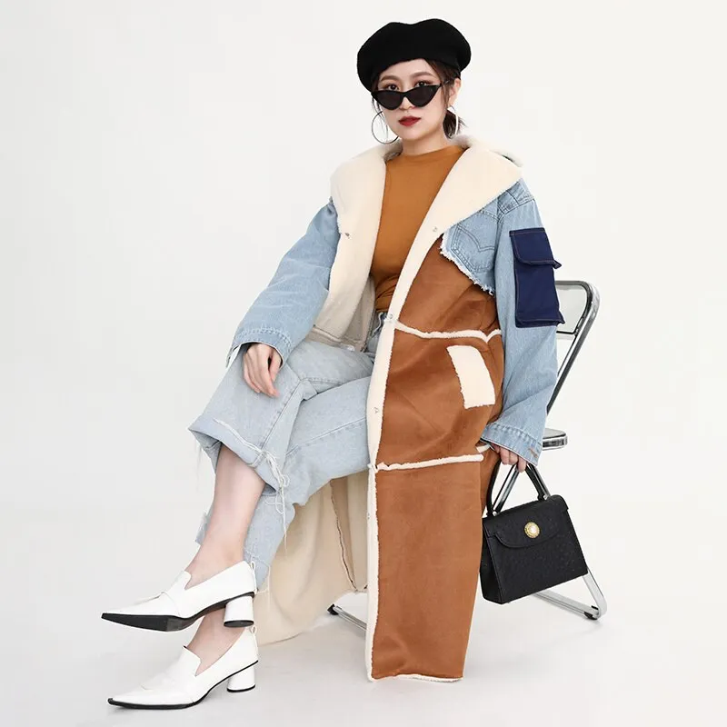 Shearling/Denim Long Coat