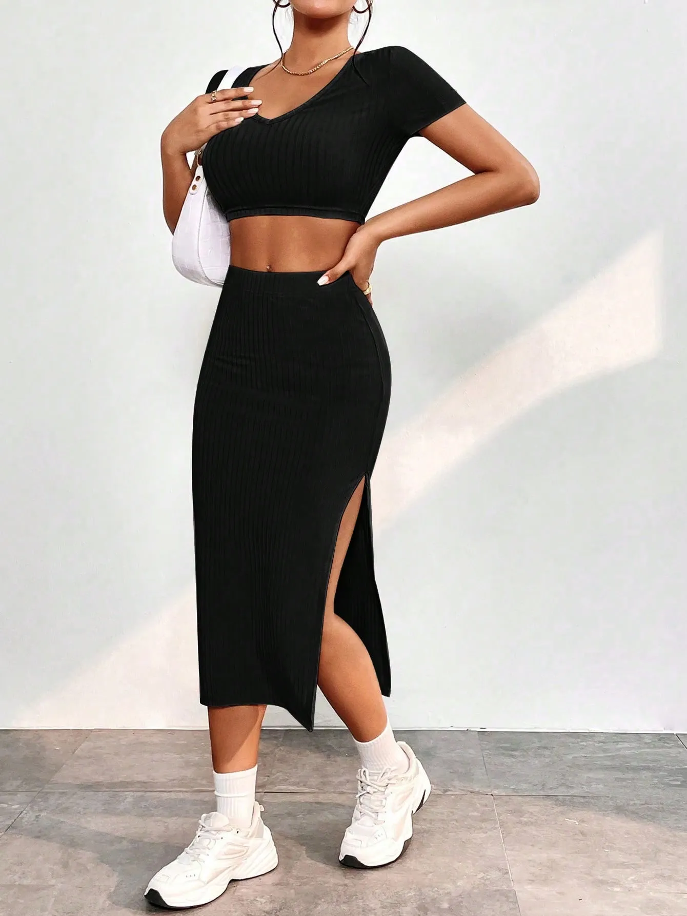 Solid Crop Top & Split Thigh Skirt SS23