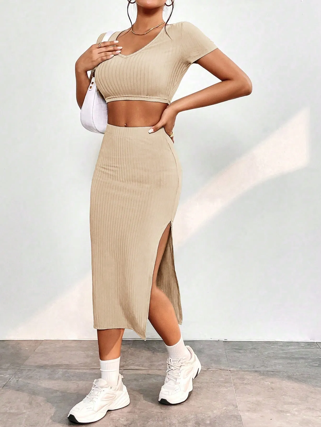 Solid Crop Top & Split Thigh Skirt SS23