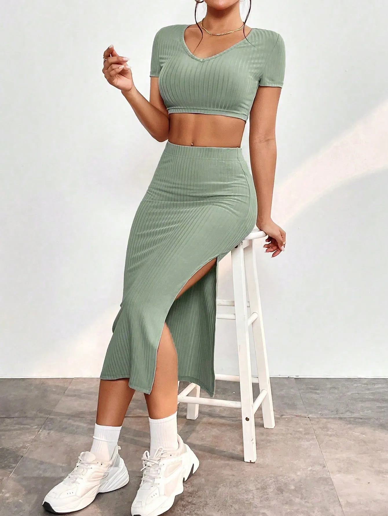 Solid Crop Top & Split Thigh Skirt SS23