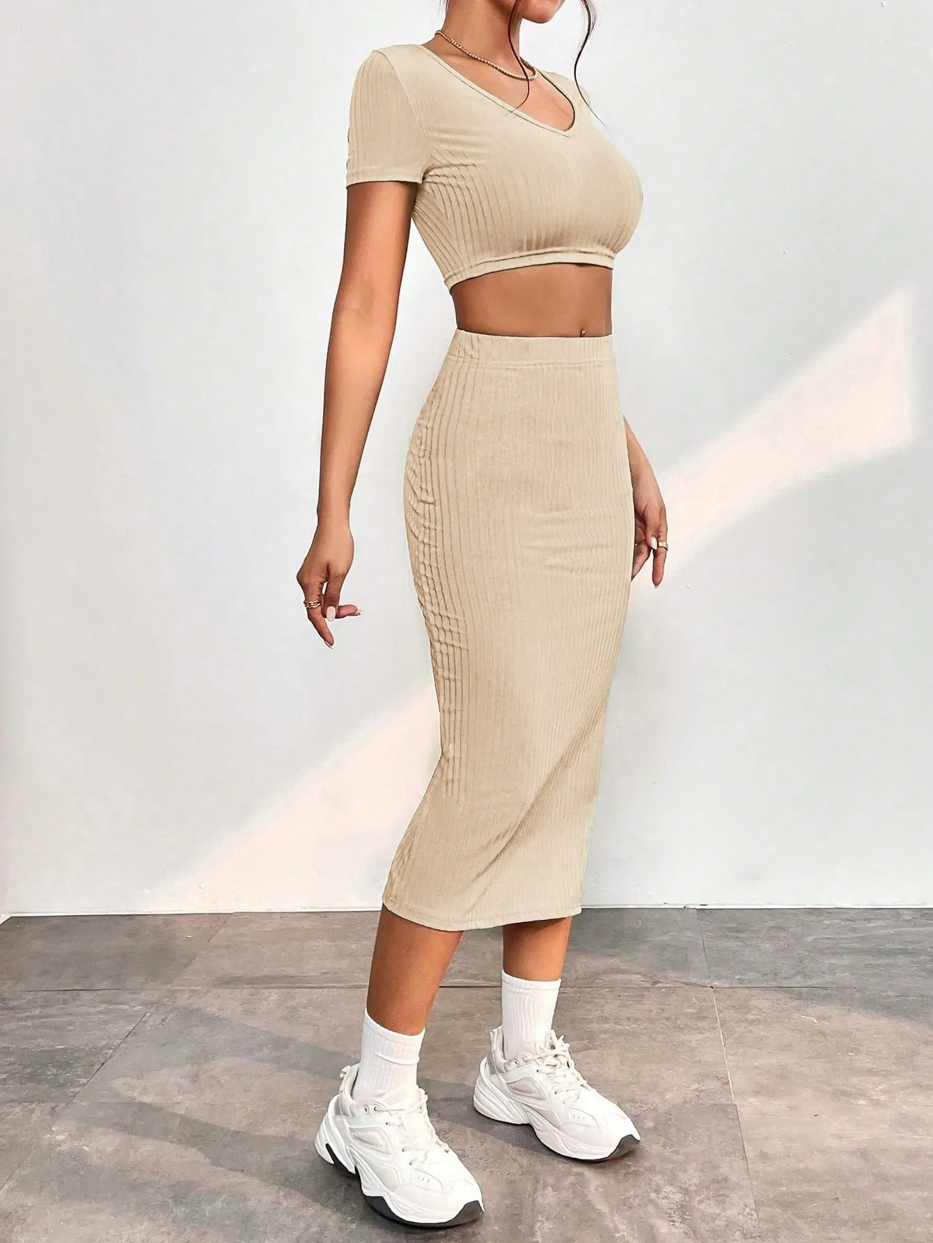Solid Crop Top & Split Thigh Skirt SS23