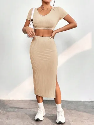 Solid Crop Top & Split Thigh Skirt SS23