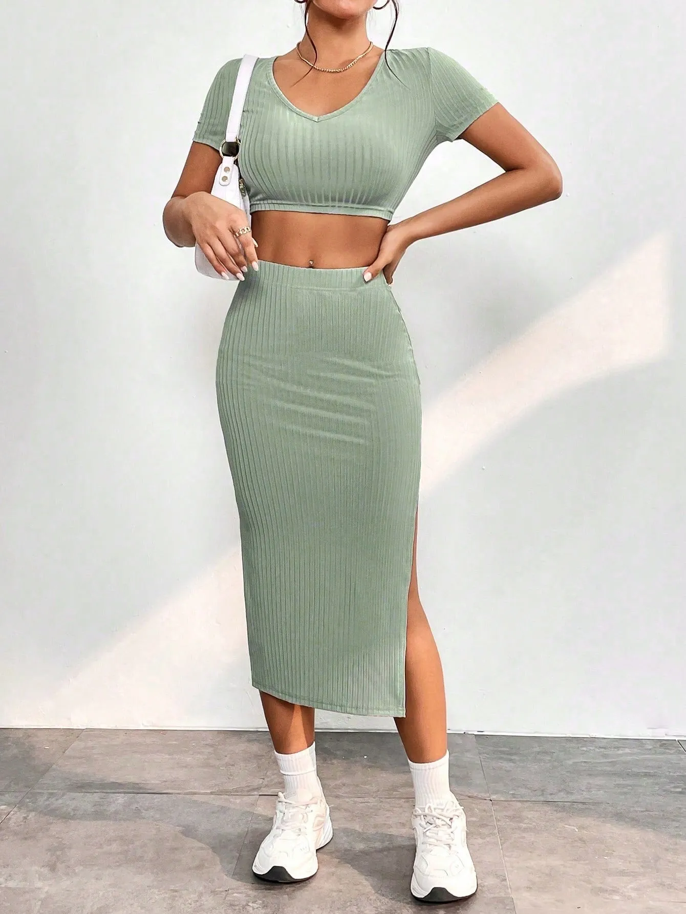 Solid Crop Top & Split Thigh Skirt SS23