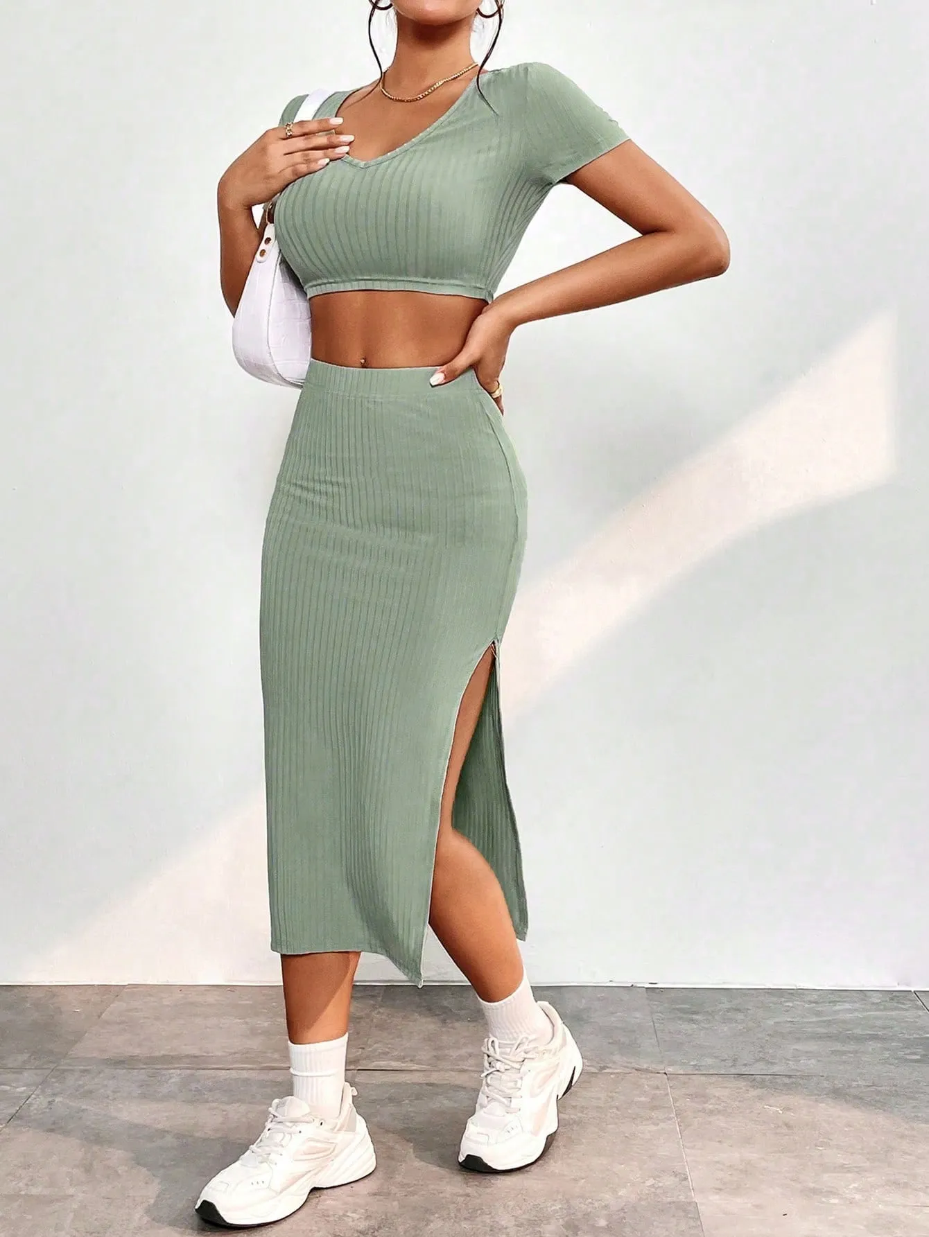 Solid Crop Top & Split Thigh Skirt SS23