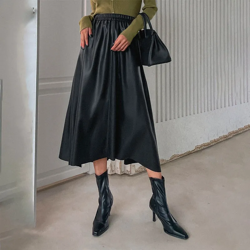 Solid PU Elastic Waist Skirt