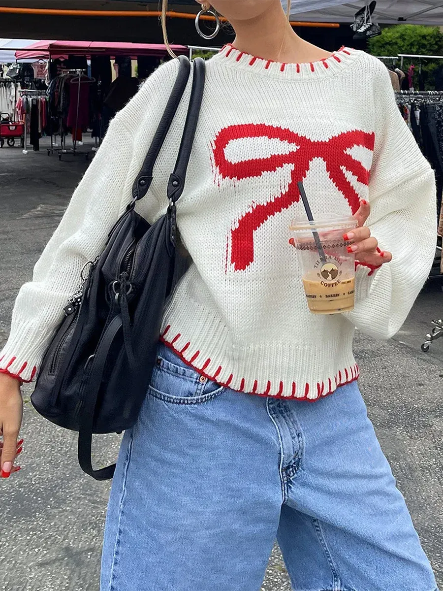 thanksgiving outfit Joskaa New Fashion Women Comfy Sweaters Casual Warm Bow Print Long Sleeve Pullover Basic Knitwear For Fall Streetwear Hot Sale S M L