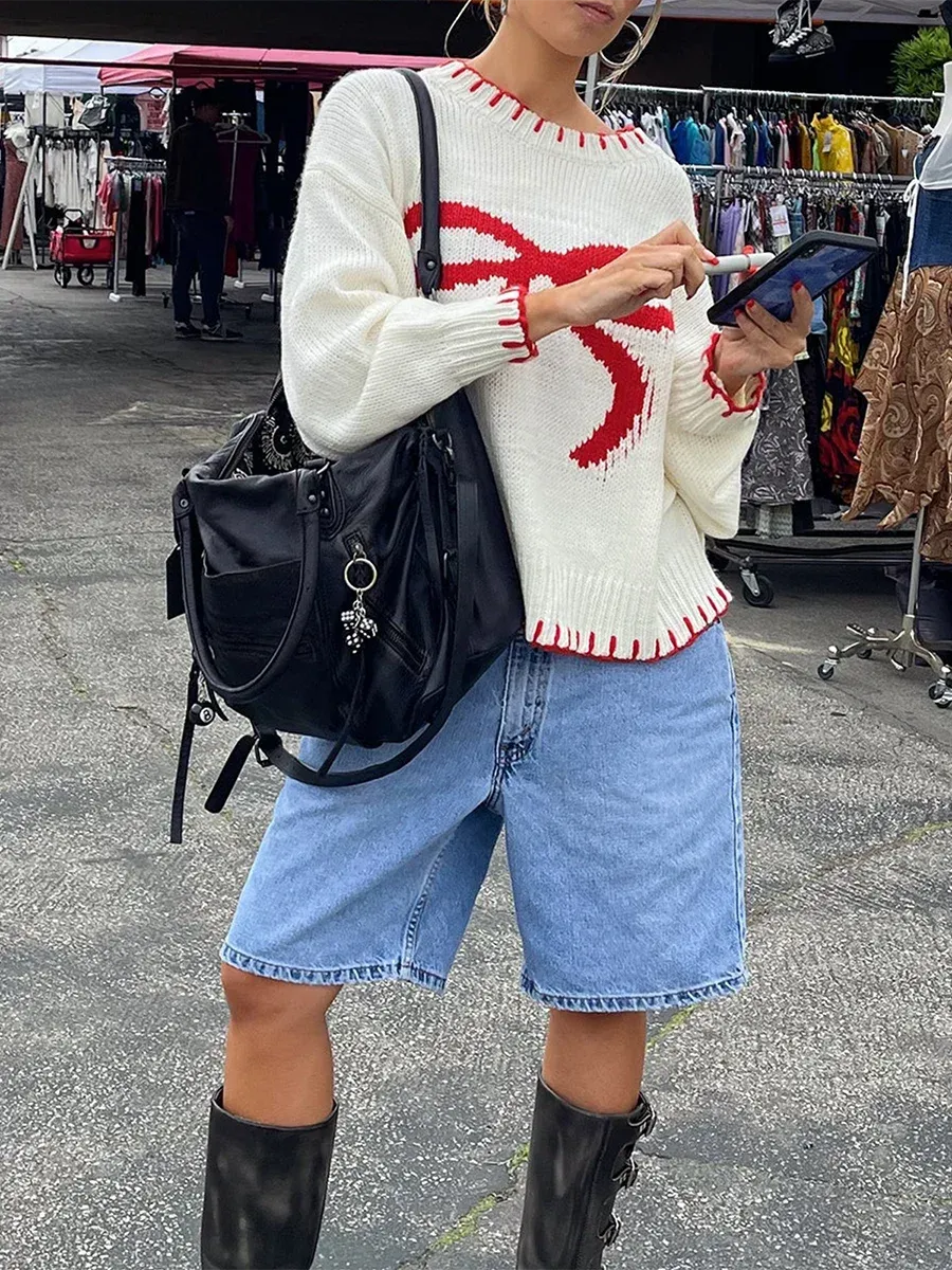 thanksgiving outfit Joskaa New Fashion Women Comfy Sweaters Casual Warm Bow Print Long Sleeve Pullover Basic Knitwear For Fall Streetwear Hot Sale S M L