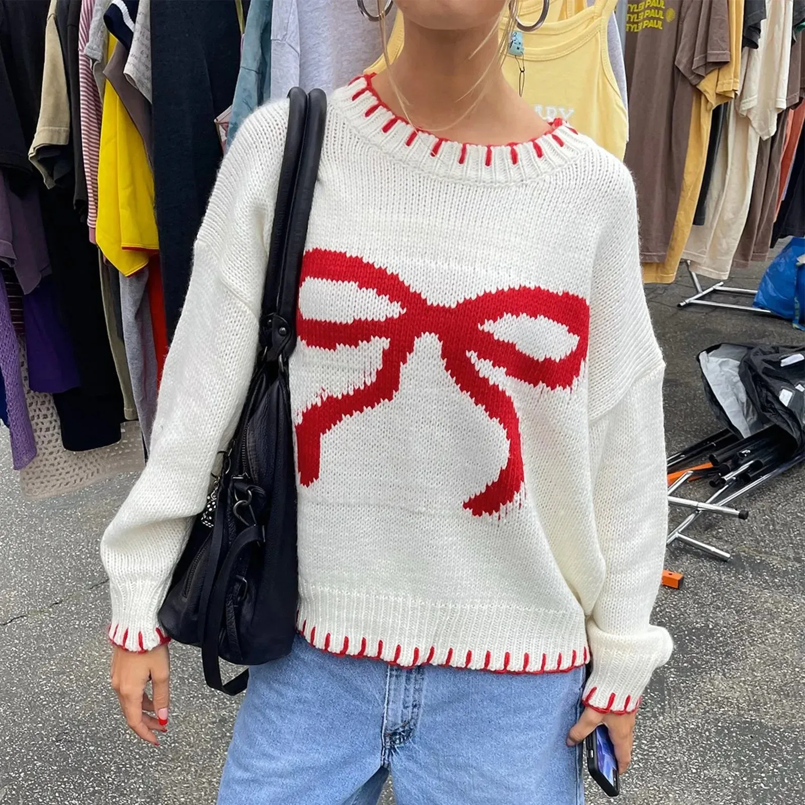 thanksgiving outfit Joskaa New Fashion Women Comfy Sweaters Casual Warm Bow Print Long Sleeve Pullover Basic Knitwear For Fall Streetwear Hot Sale S M L