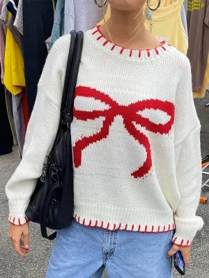 thanksgiving outfit Joskaa New Fashion Women Comfy Sweaters Casual Warm Bow Print Long Sleeve Pullover Basic Knitwear For Fall Streetwear Hot Sale S M L