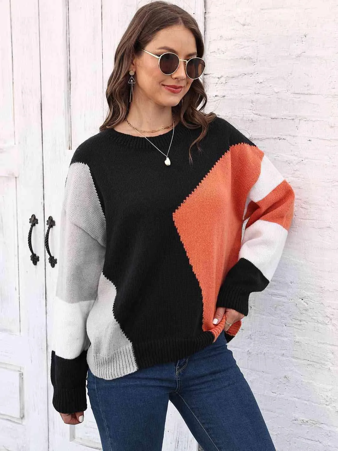 Warm In Style Crew Neck Color Block Sweater